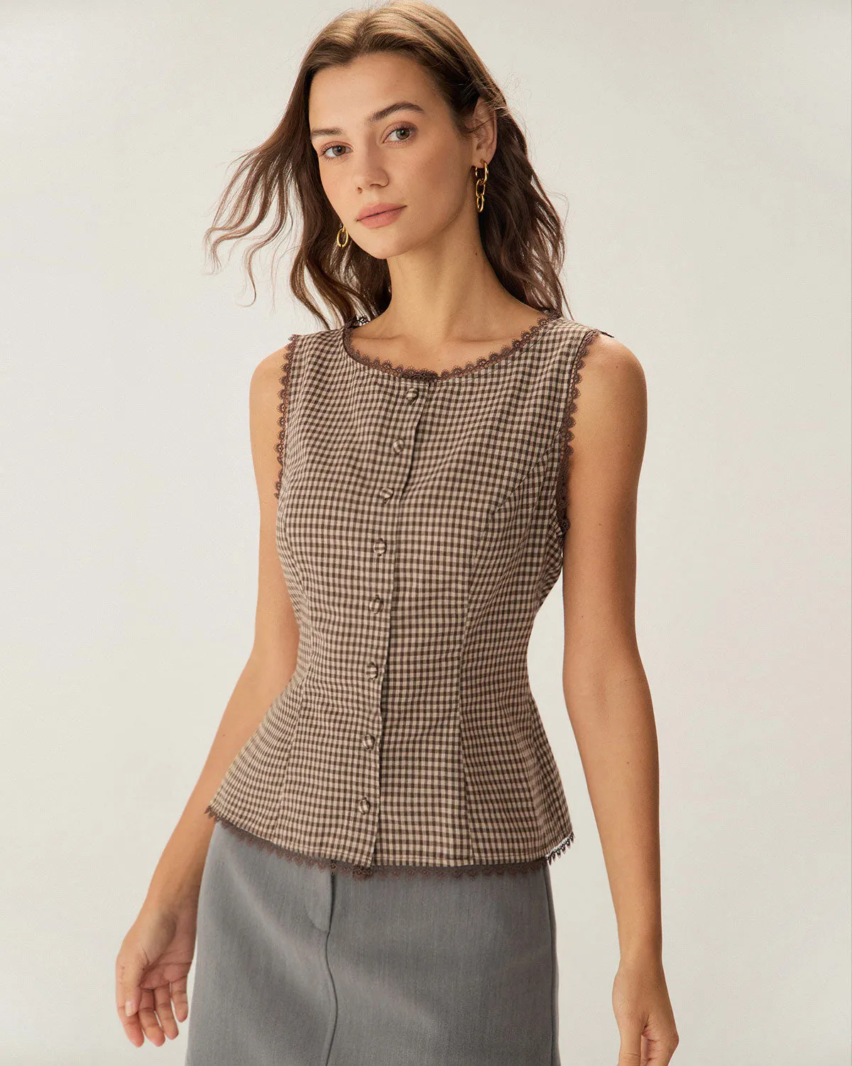 Brown Plaid Single Breasted Vest sold by rihoas