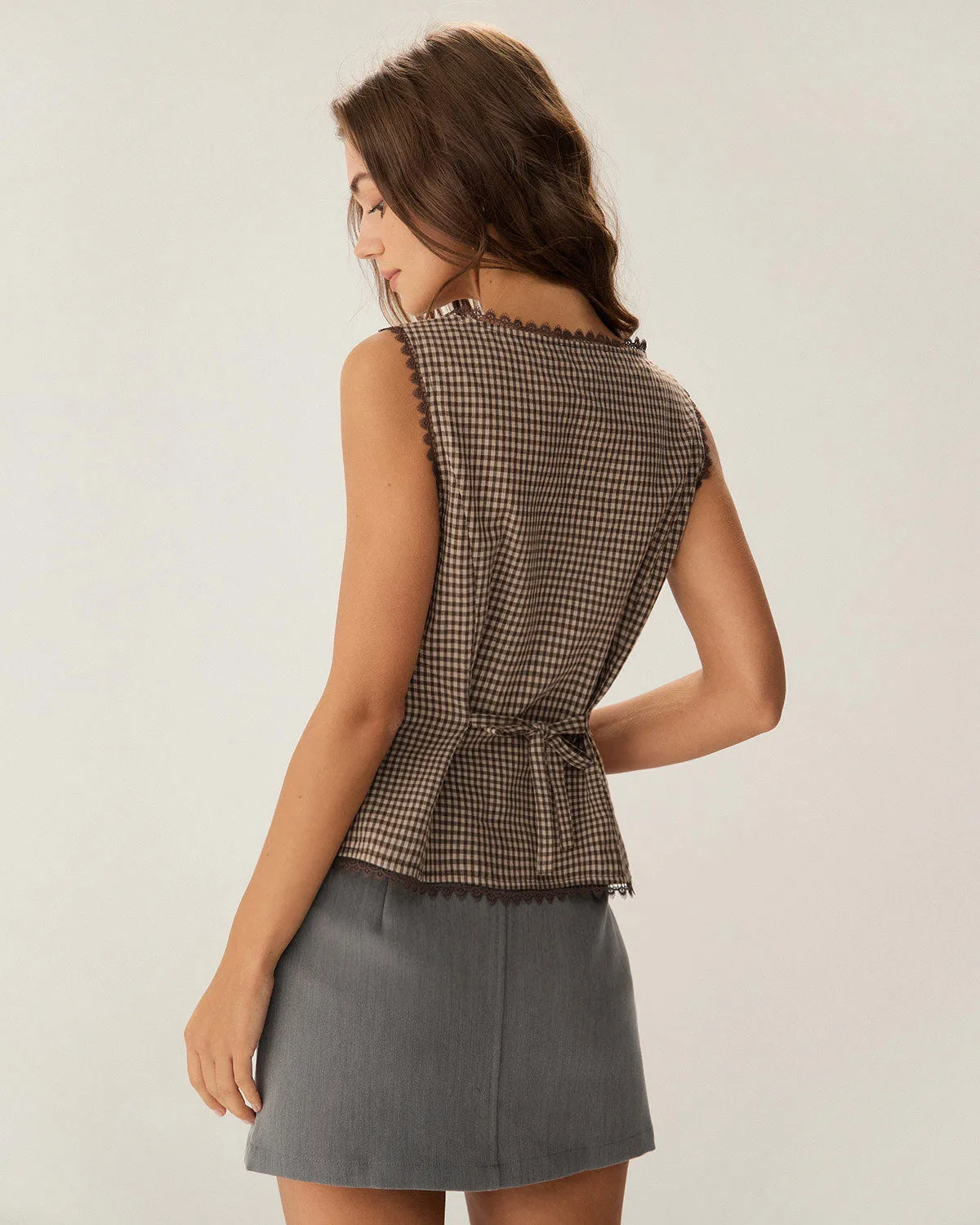 Brown Plaid Single Breasted Vest sold by rihoas product image thumbnail 3