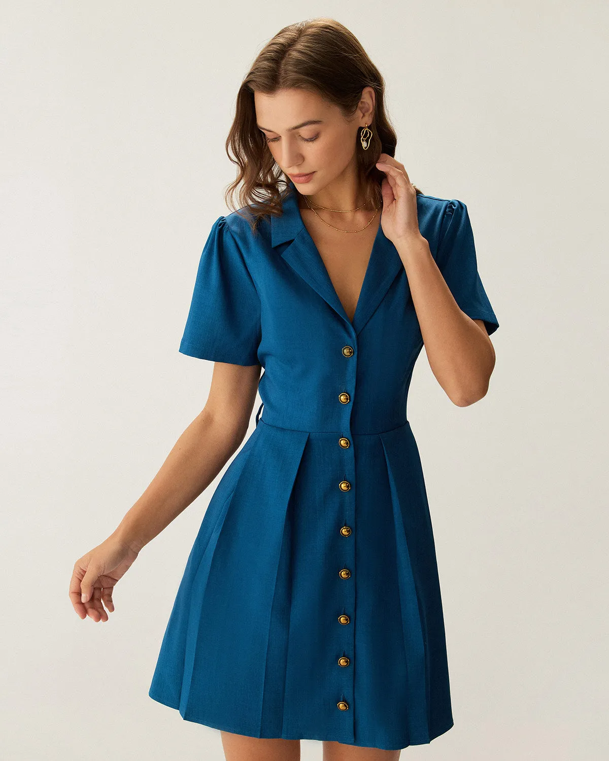 Blue Puffed Sleeve Button Mini Dress sold by rihoas