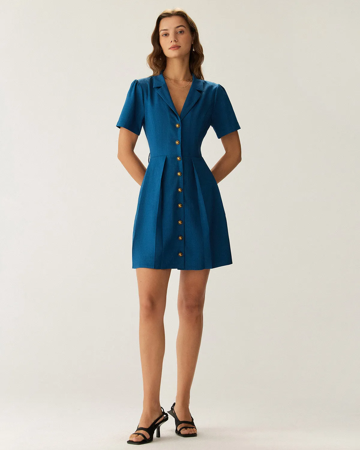 Blue Puffed Sleeve Button Mini Dress sold by rihoas product image thumbnail 5