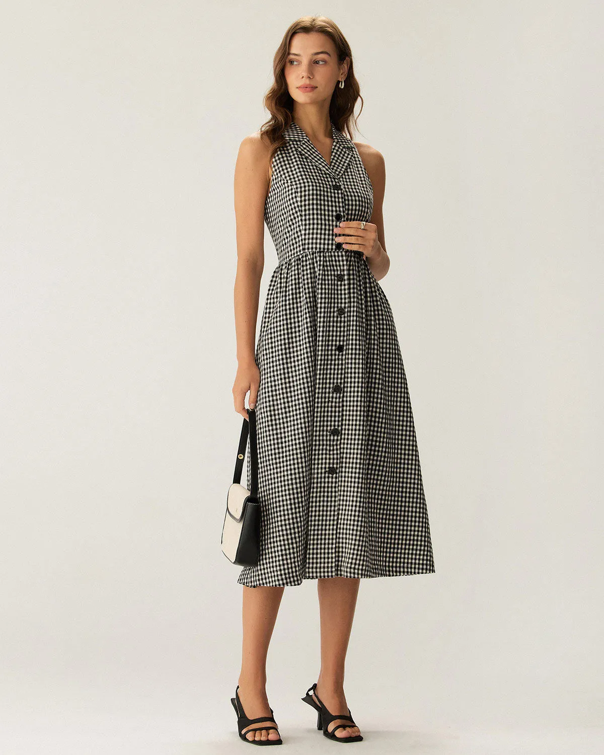 Black Plaid Sleeveless Button Midi Dress sold by rihoas product image thumbnail 3