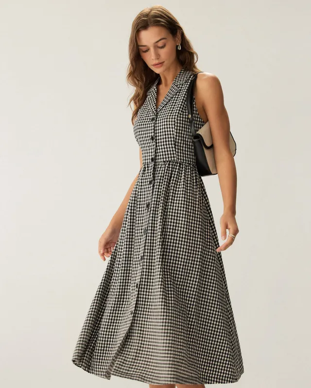 Black Plaid Sleeveless Button Midi Dress sold by rihoas