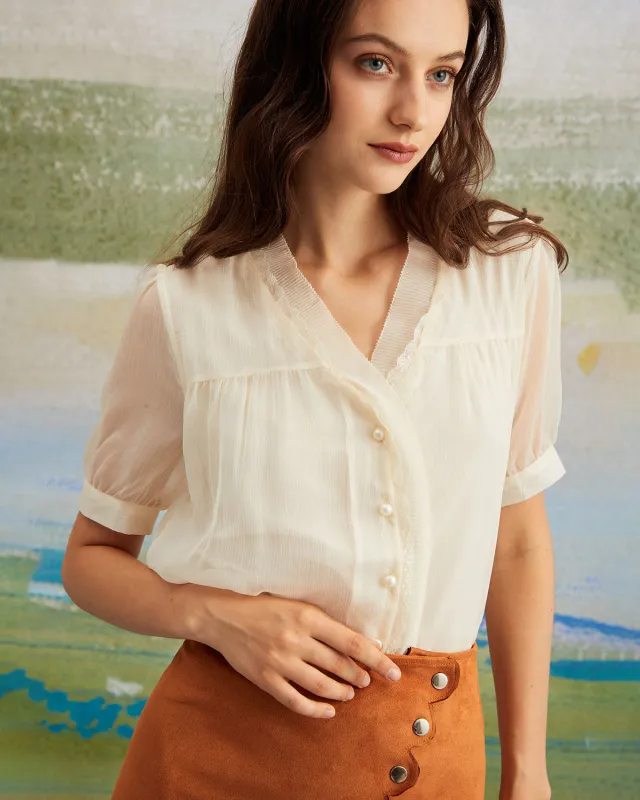 Apricot V Neck Button Sheer Blouse sold by rihoas