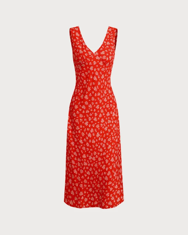 Red Floral V-Neck Wrap Midi Dress sold by rihoas