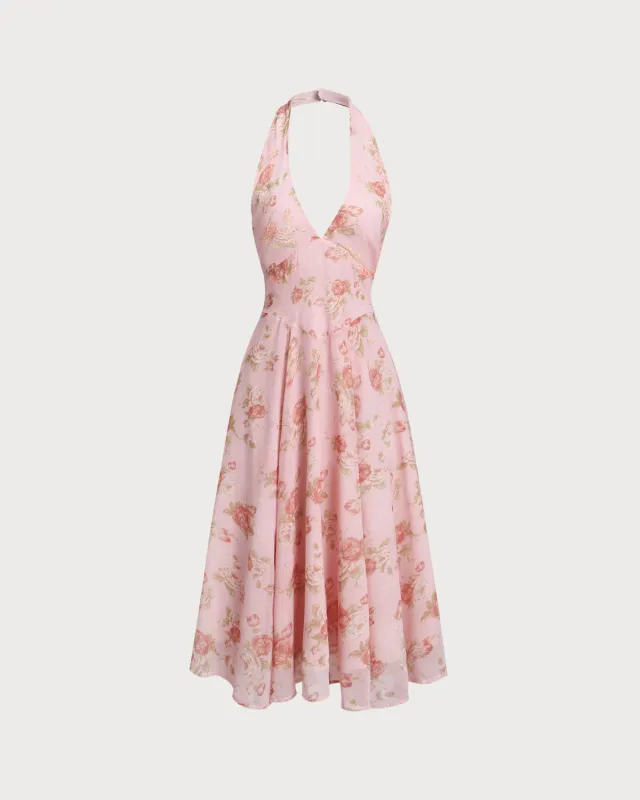 Pink Floral Halter Backless Midi Dress sold by rihoas