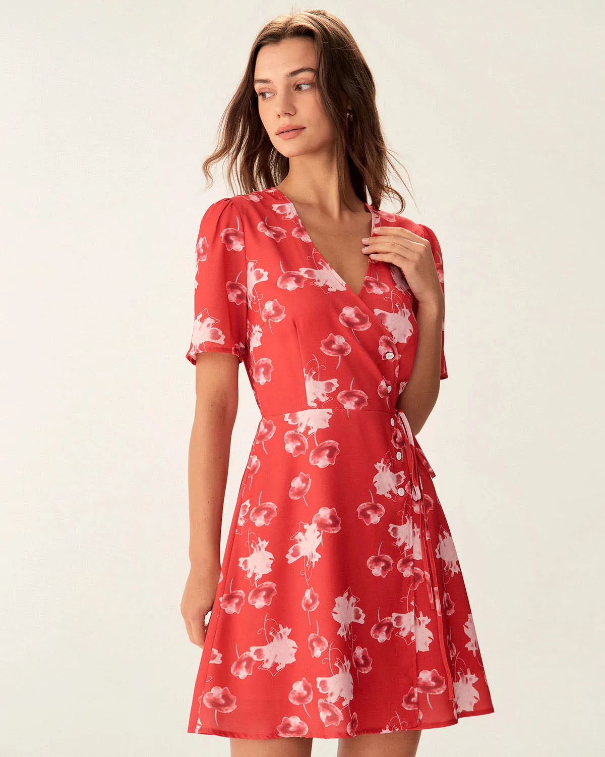 Red Floral A-Line Wrap Mini Dress sold by rihoas
