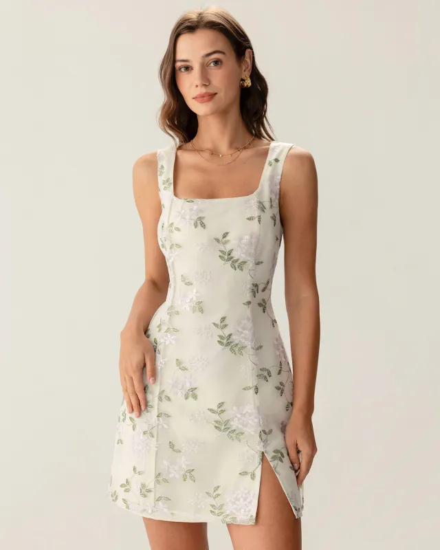 Beige Square Neck Embroidery Slit Slip Mini Dress sold by rihoas