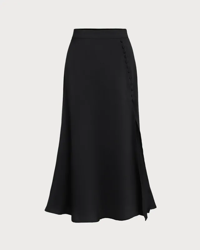 Black High Waisted Slit Wrap Midi Skirt sold by rihoas