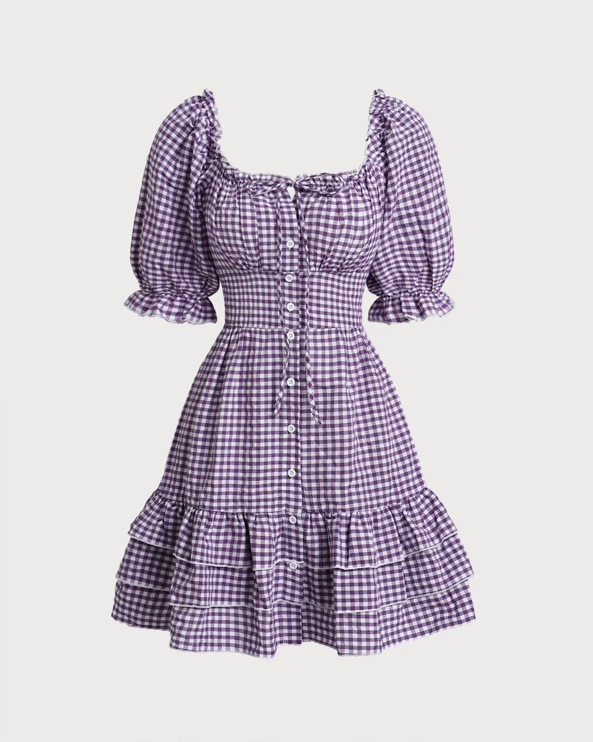 Purple Plaid Puffed Sleeve Button Mini Dress sold by rihoas