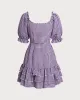 Purple Plaid Puffed Sleeve Button Mini Dress sold by rihoas