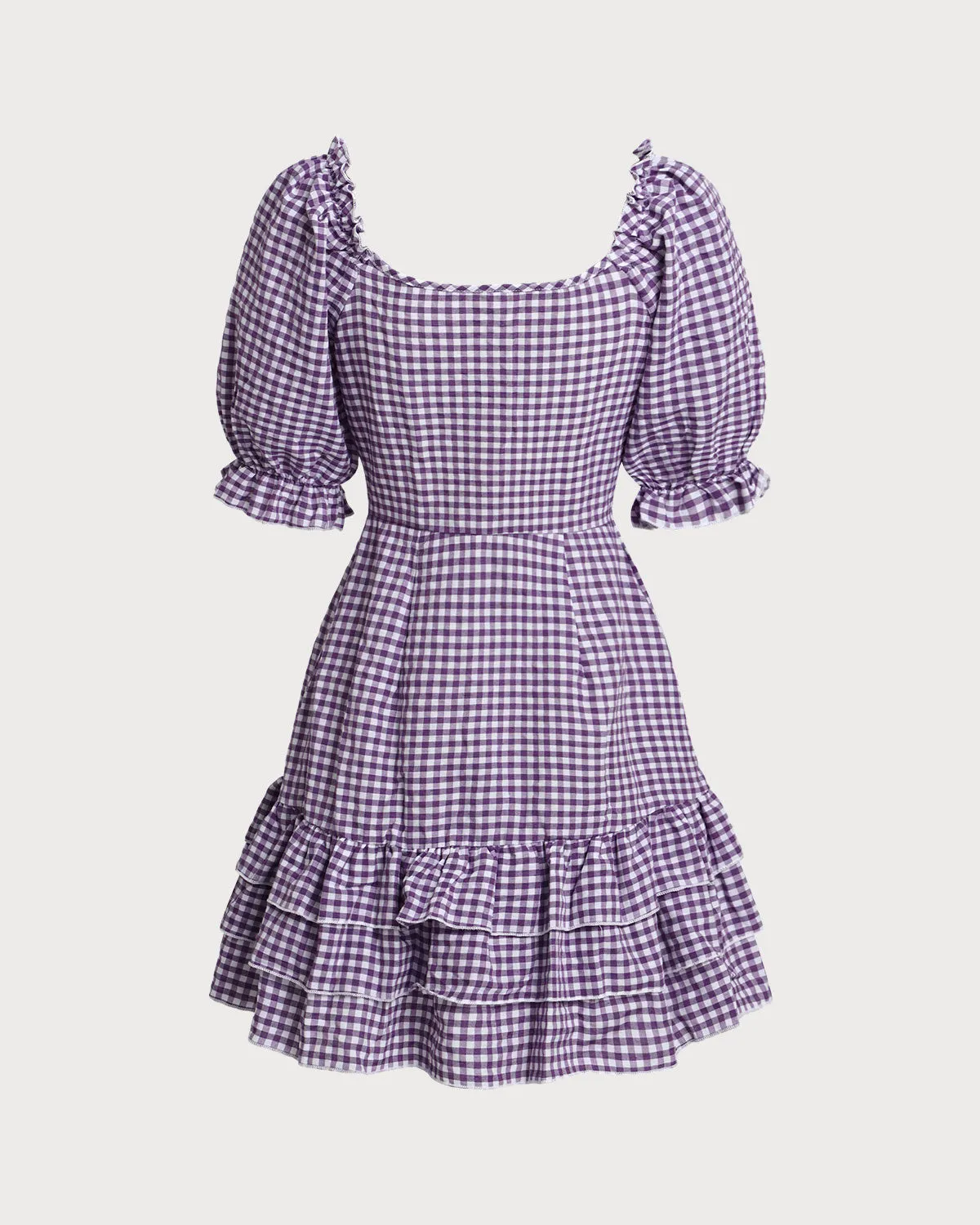 Purple Plaid Puffed Sleeve Button Mini Dress sold by rihoas product image thumbnail 2