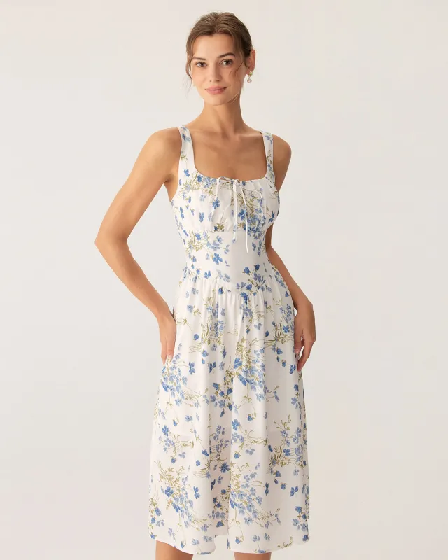 Blue Floral U Neck A-Line Midi Dress sold by rihoas