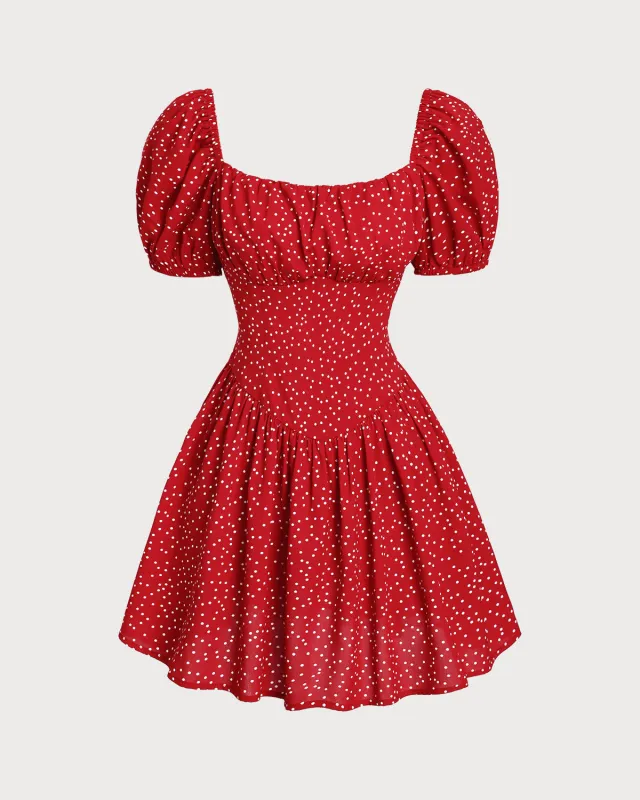 Red Polka Dot Square Neck Mini Dress sold by rihoas