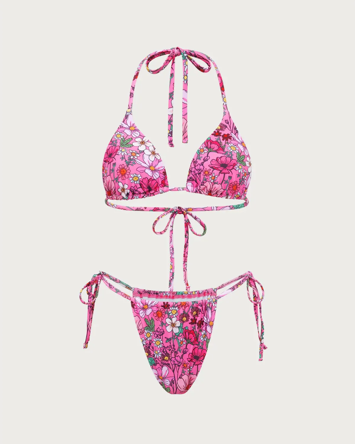 Pink Floral Drawstring Halter Bikini Set sold by rihoas