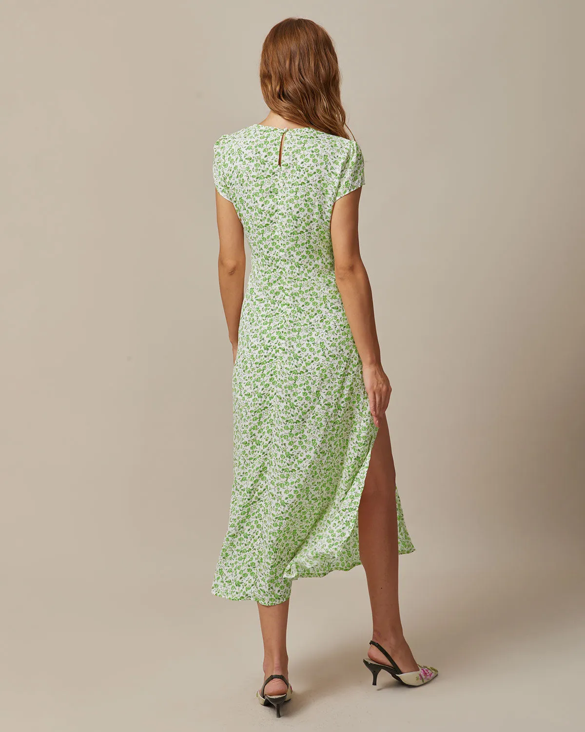 Green Round Neck Floral Midi Dress sold by rihoas product image thumbnail 4