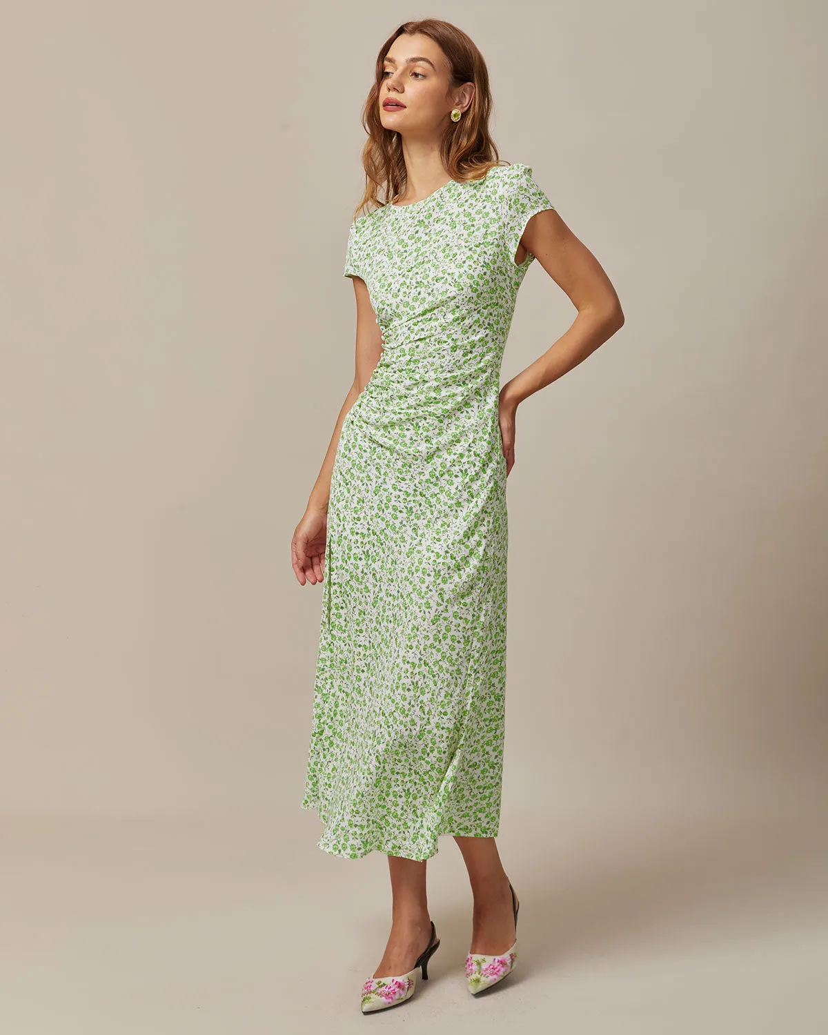 Green Round Neck Floral Midi Dress sold by rihoas product image thumbnail 2
