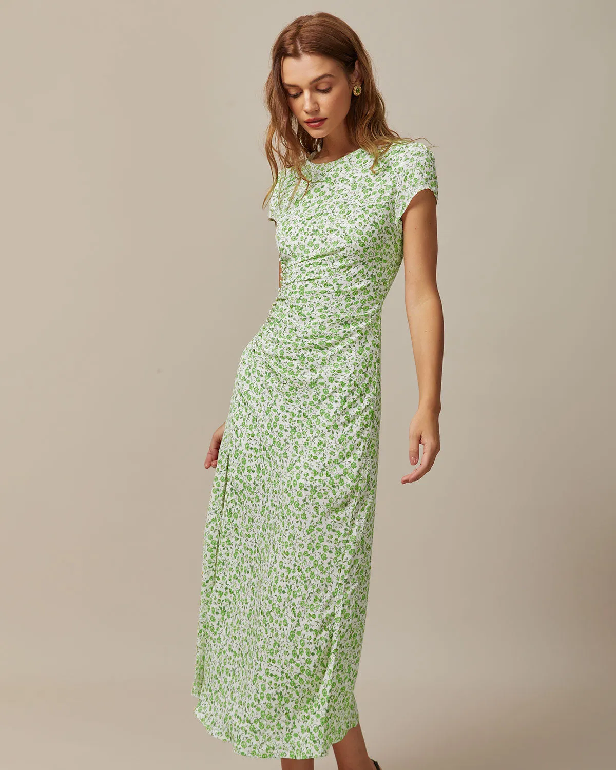 Green Round Neck Floral Midi Dress sold by rihoas