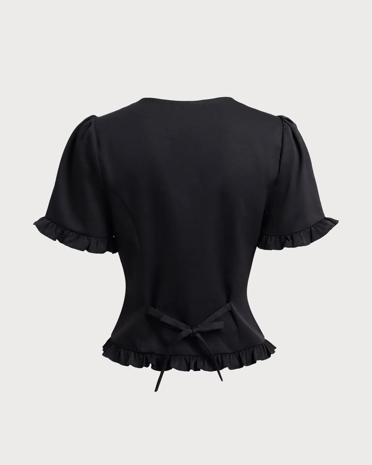 Black V-Neck Ruffle Puffed Sleeve Blouse sold by rihoas product image thumbnail 2