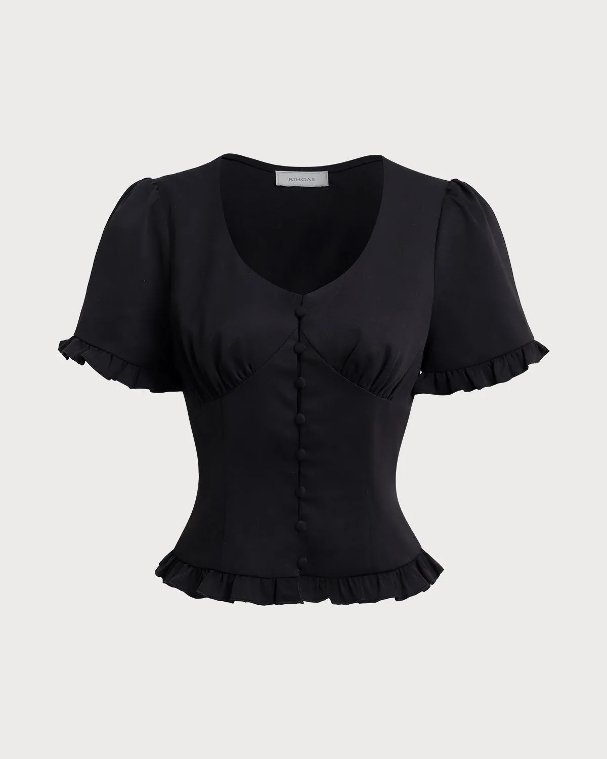 Black V-Neck Ruffle Puffed Sleeve Blouse sold by rihoas