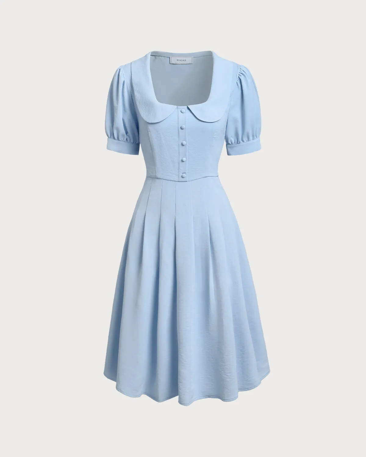 Blue U Neck Puffed Sleeve Pleated Midi Dress sold by rihoas
