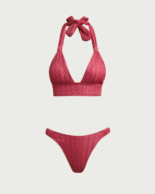 Red Ruched Halter Bikini Set sold by rihoas