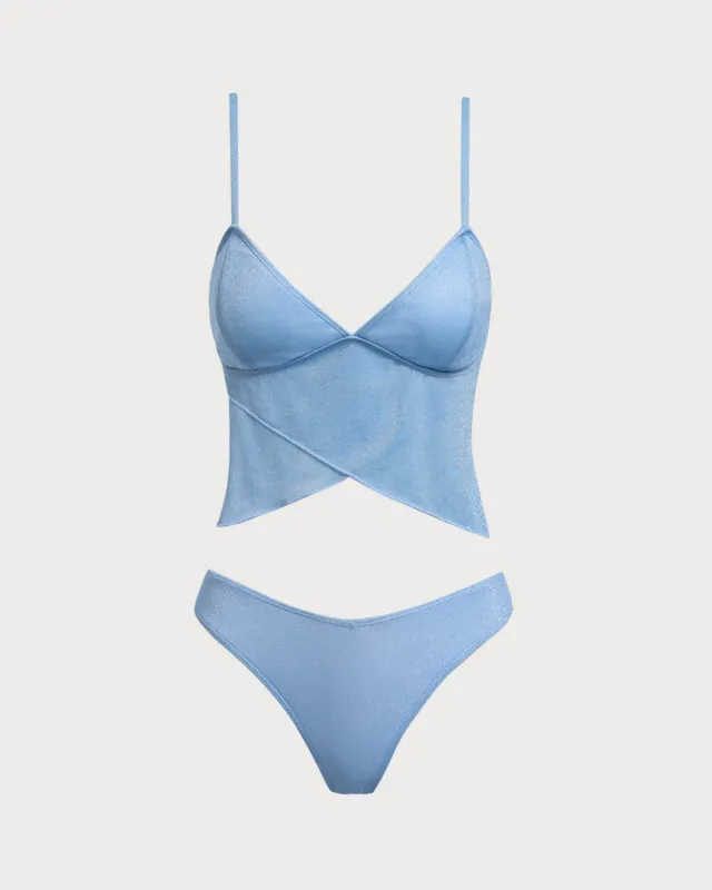 Blue Lurex V Neck Tankini Swimsuit sold by rihoas