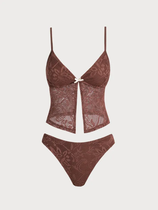 Brown Mesh Slit Tankini Swimsuit sold by rihoas