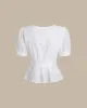 White Embroidery Button Round Neck Blouse sold by rihoas