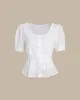 White Embroidery Button Round Neck Blouse sold by rihoas