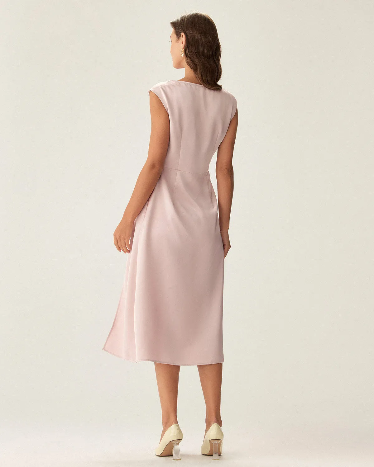 Pink Satin Boat Neck Slit Sleeveless Midi Dress sold by rihoas product image thumbnail 4