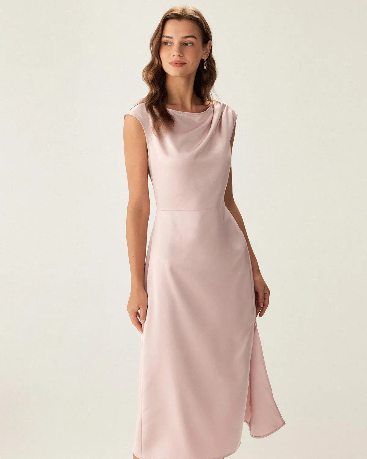 Pink Satin Boat Neck Slit Sleeveless Midi Dress sold by rihoas
