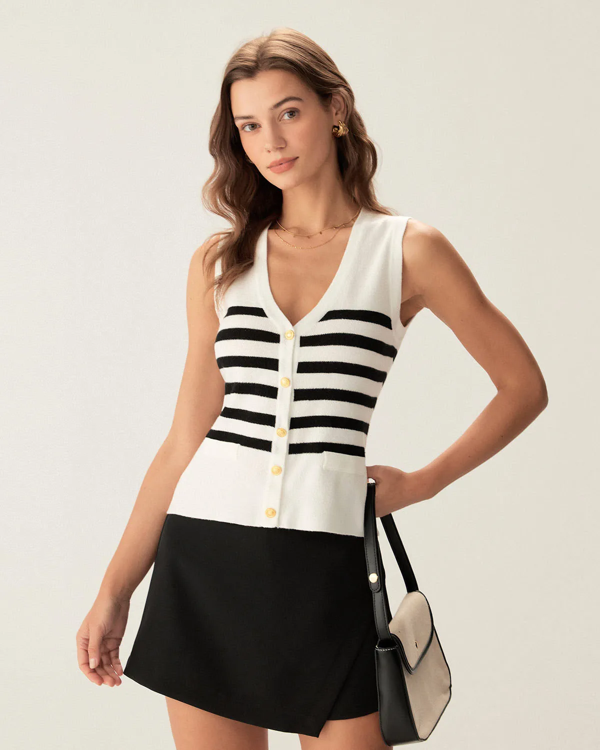 White Striped Button Knit Tank Top sold by rihoas