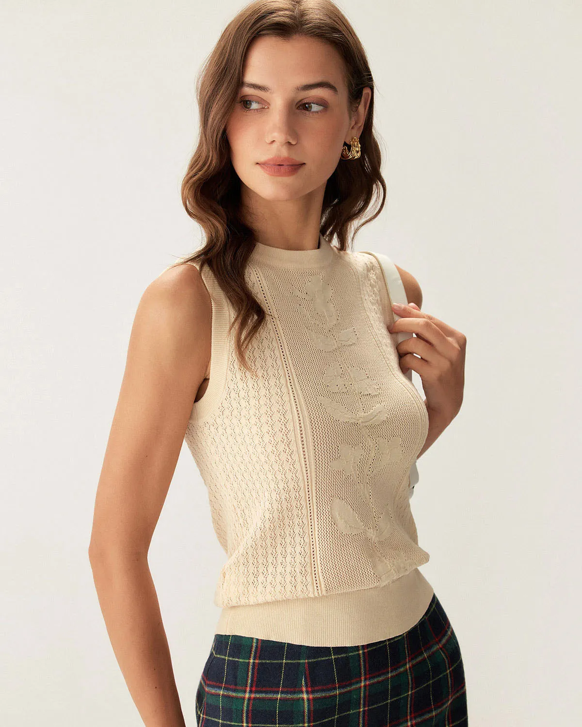Beige Crew Neck Knit Tank Top sold by rihoas product image thumbnail 2