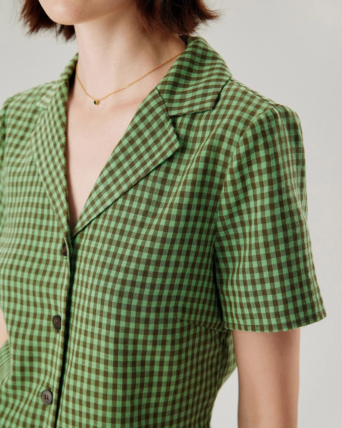 Green Lapel Plaid Short Sleeve Blouse sold by rihoas product image thumbnail 2