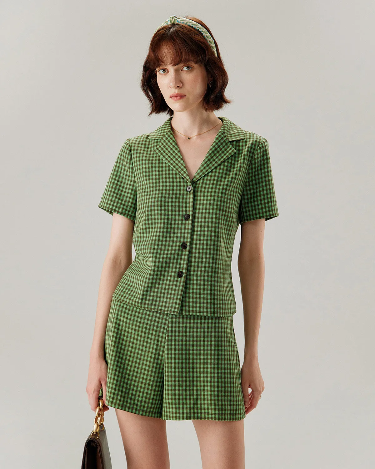 Green Lapel Plaid Short Sleeve Blouse sold by rihoas