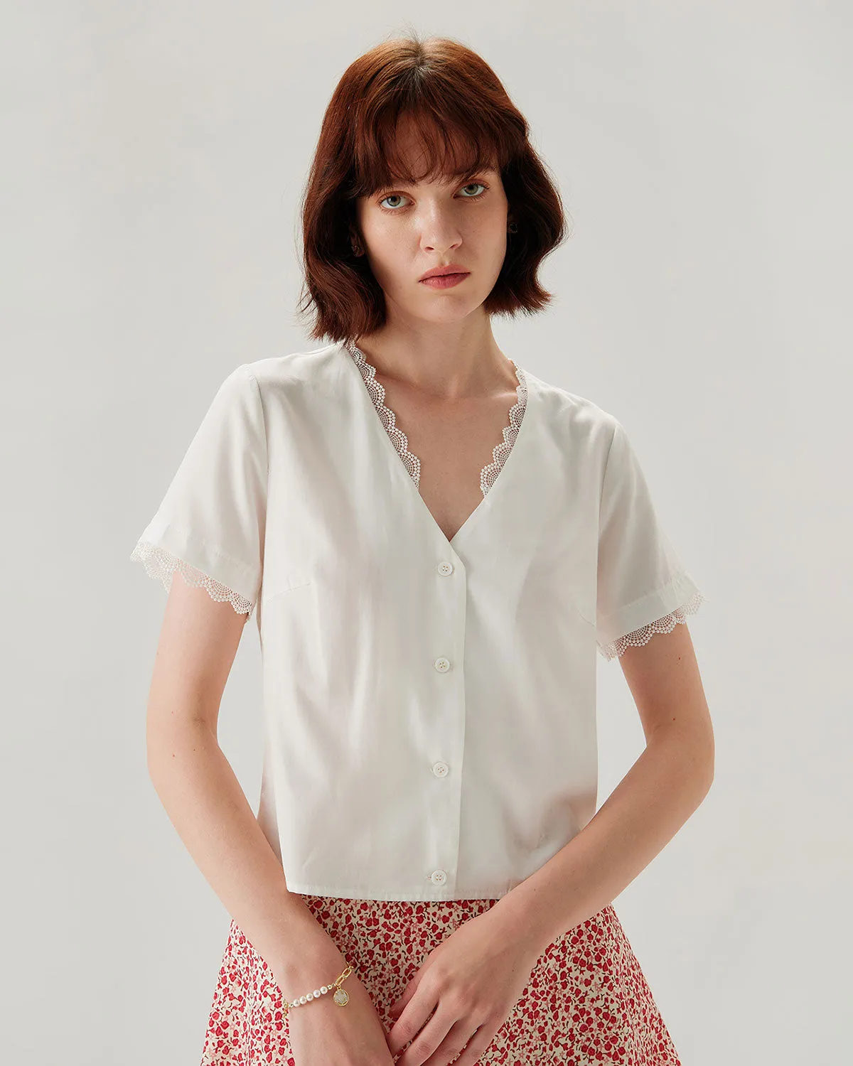 White Lace V-neck Blouse sold by rihoas