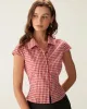 Red Plaid Cap Sleeve Button Blouse sold by rihoas
