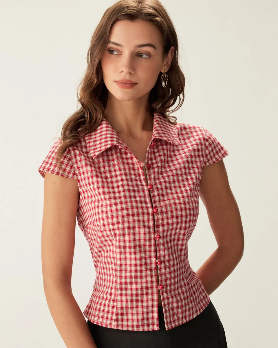 Red Plaid Cap Sleeve Button Blouse sold by rihoas