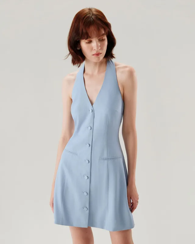 Blue Button Pocket Halter Mini Dress sold by rihoas
