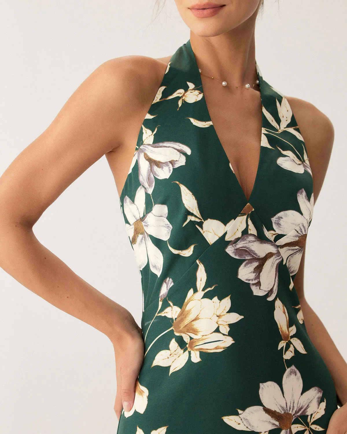 Green Floral Halter Maxi Dress sold by rihoas product image thumbnail 2