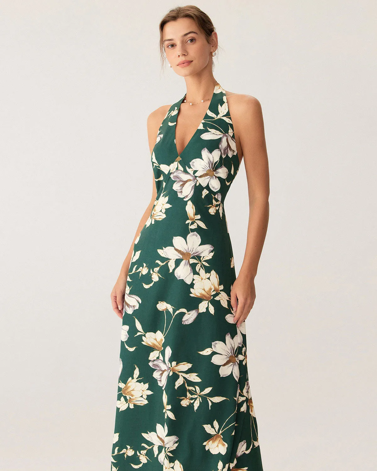 Green Floral Halter Maxi Dress sold by rihoas product image thumbnail 3