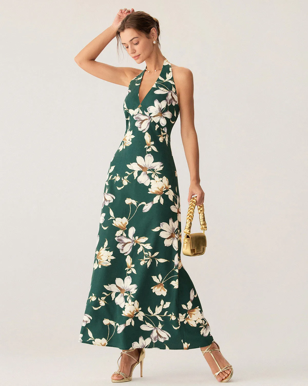 Green Floral Halter Maxi Dress sold by rihoas product image thumbnail 5