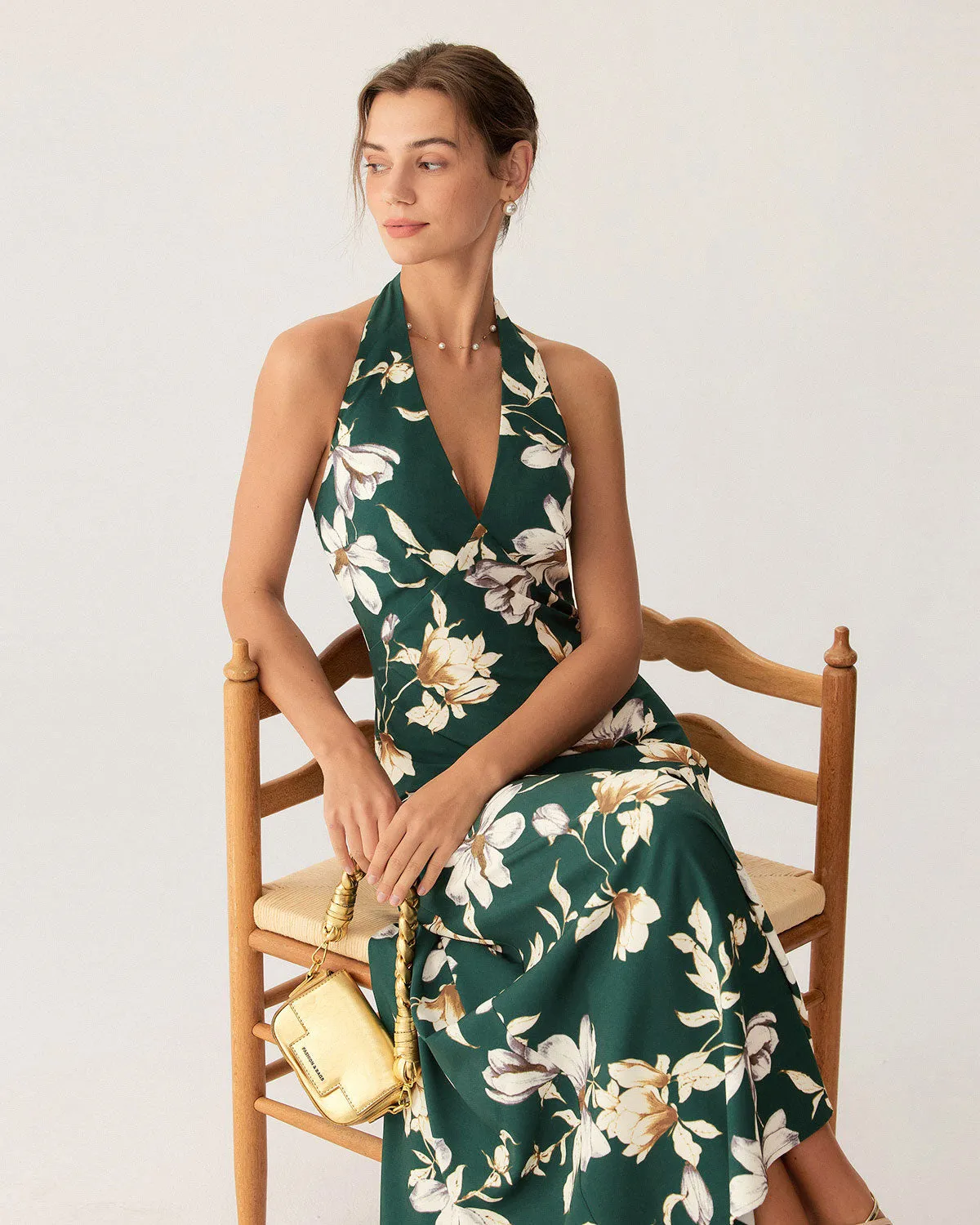 Green Floral Halter Maxi Dress sold by rihoas product image thumbnail 4