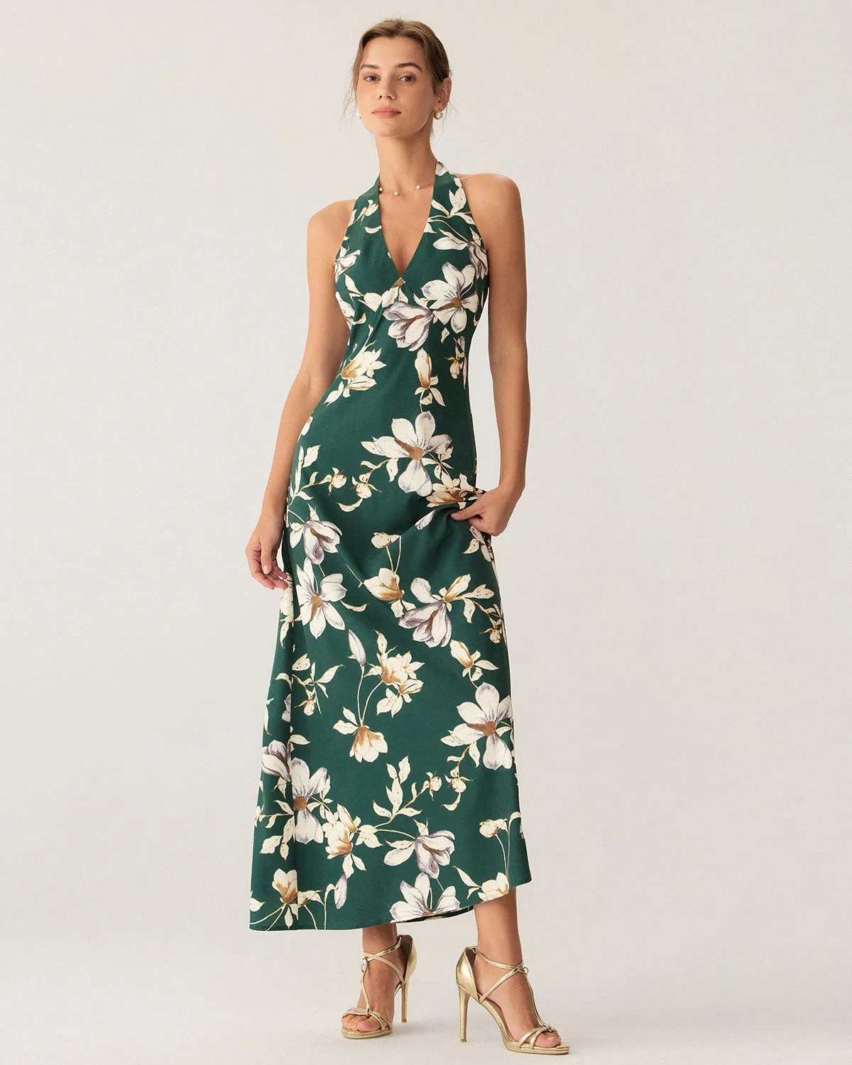 Green Floral Halter Maxi Dress sold by rihoas