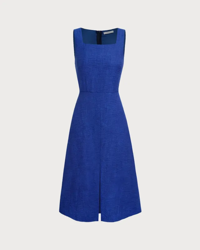Blue Square Neck Pleated Sleeveless Midi Dress sold by rihoas