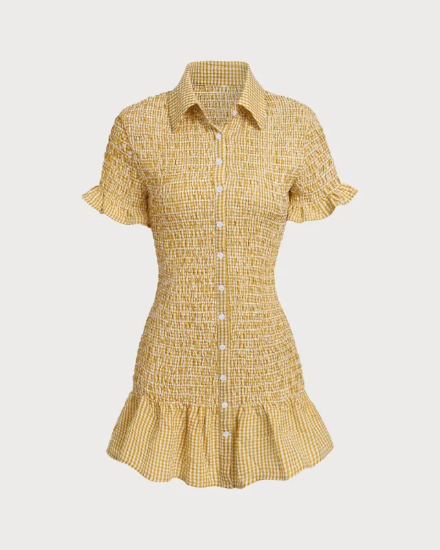 Yellow Plaid Shirred Button Mini Dress sold by rihoas