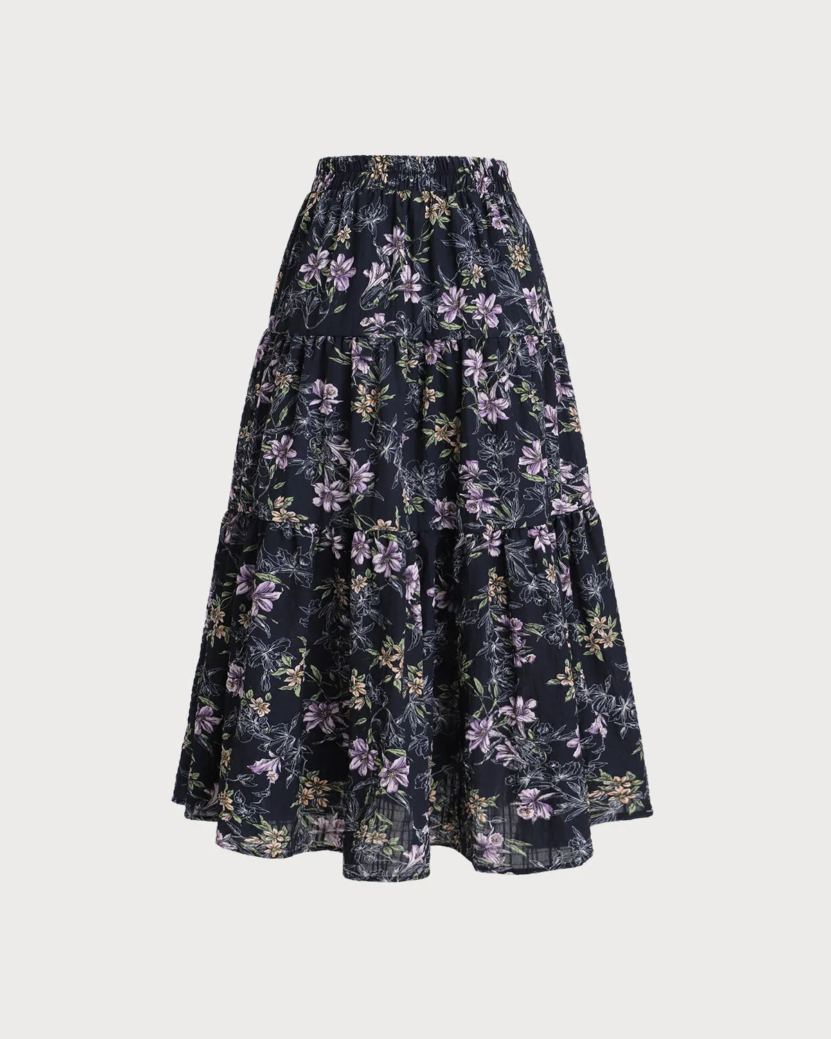 Black Floral Elastic Waist Midi Skirt sold by rihoas