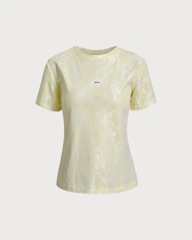 Yellow Lace Textured Round Neck Tee sold by rihoas