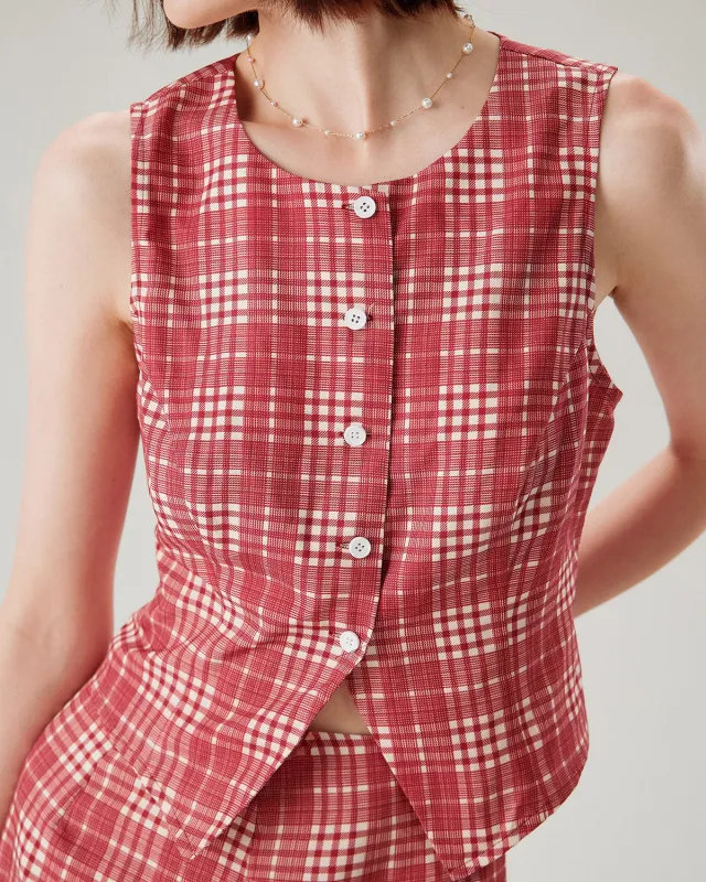 Red Plaid Single Breasted Vest sold by rihoas