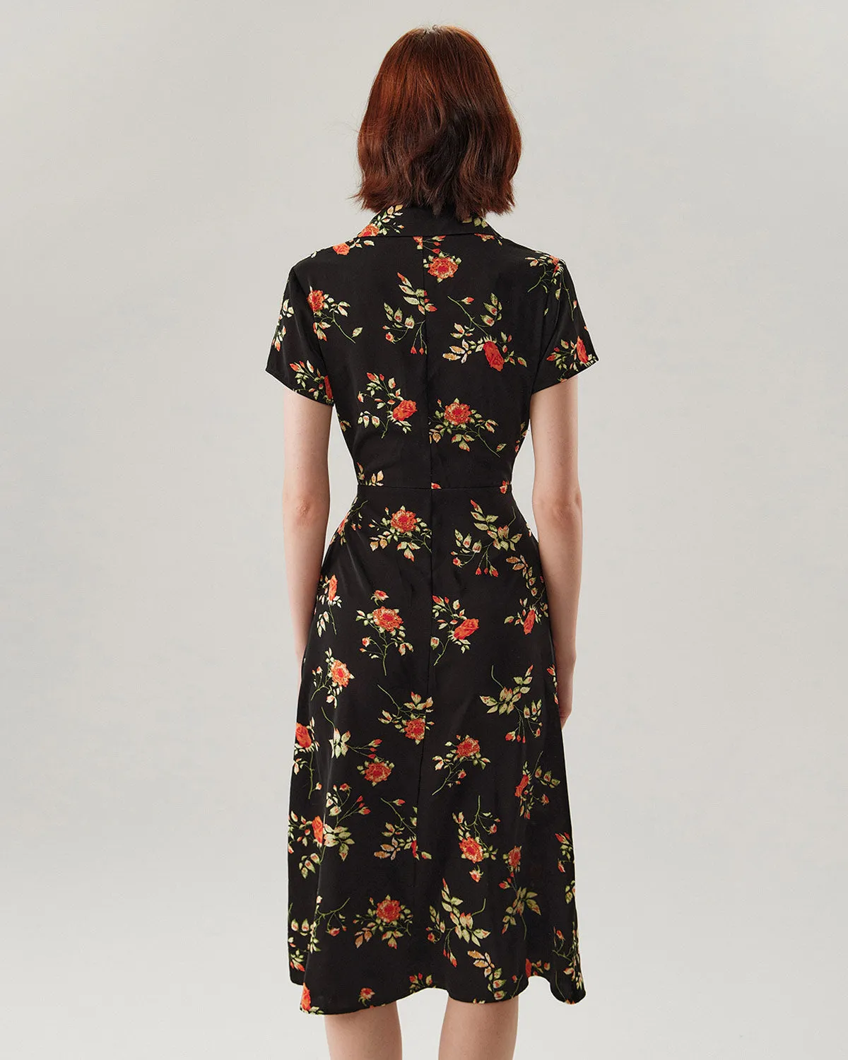 Black Floral Button A-Line Midi Dress sold by rihoas product image thumbnail 5